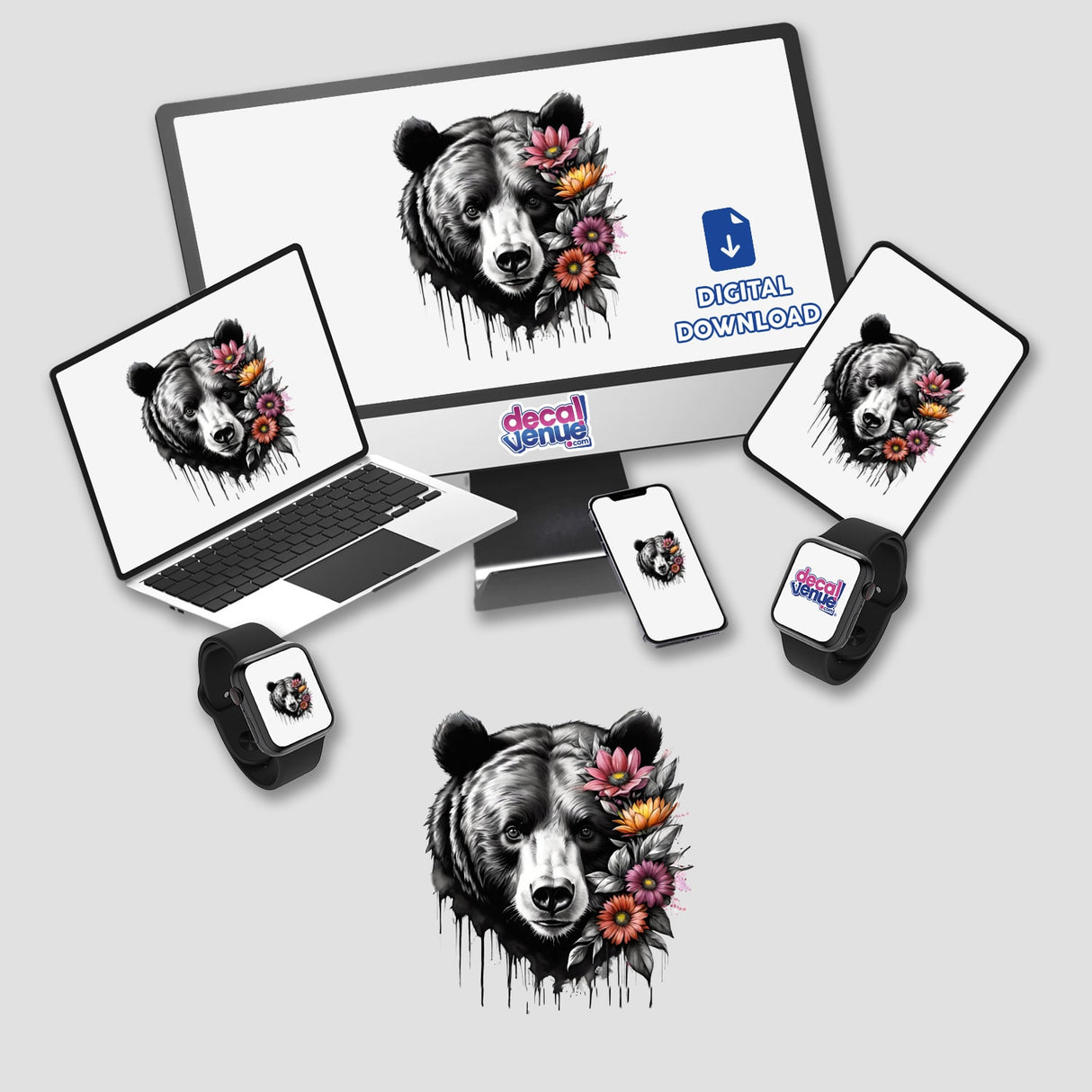 Artistic bear portrait with floral accents displayed on various digital devices from the Decal Venue store.