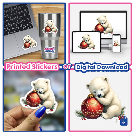 Polar Bear Sleeping on Christmas Ornament sticker collage, featuring the bear hugging a red ornament, showcased on various items like a cup and laptop. Available as stickers or digital artwork.