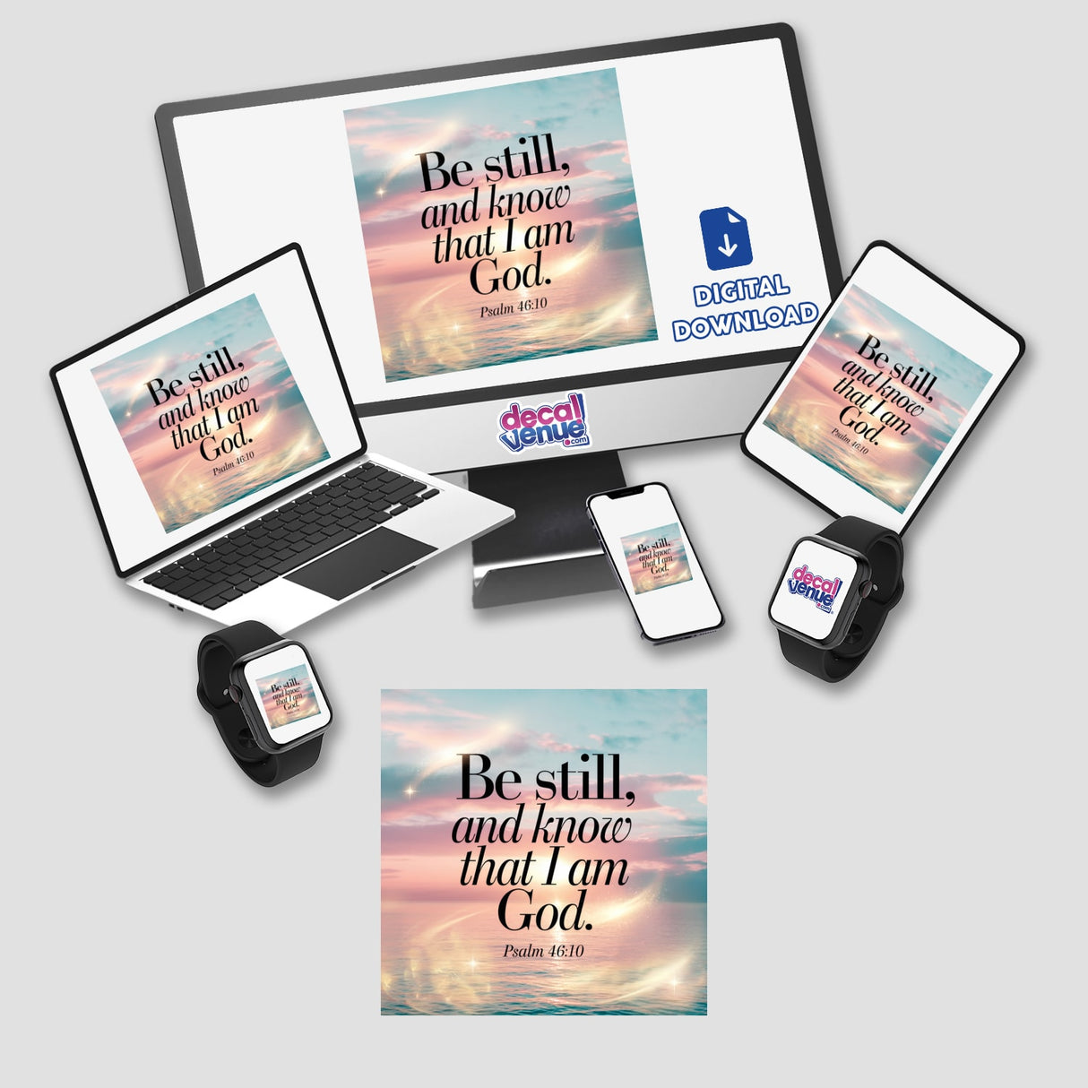 Psalm 46:10 Be still, and know that I am God displayed on a computer monitor, tablet, and laptop, available as stickers or digital art from Decal Venue.