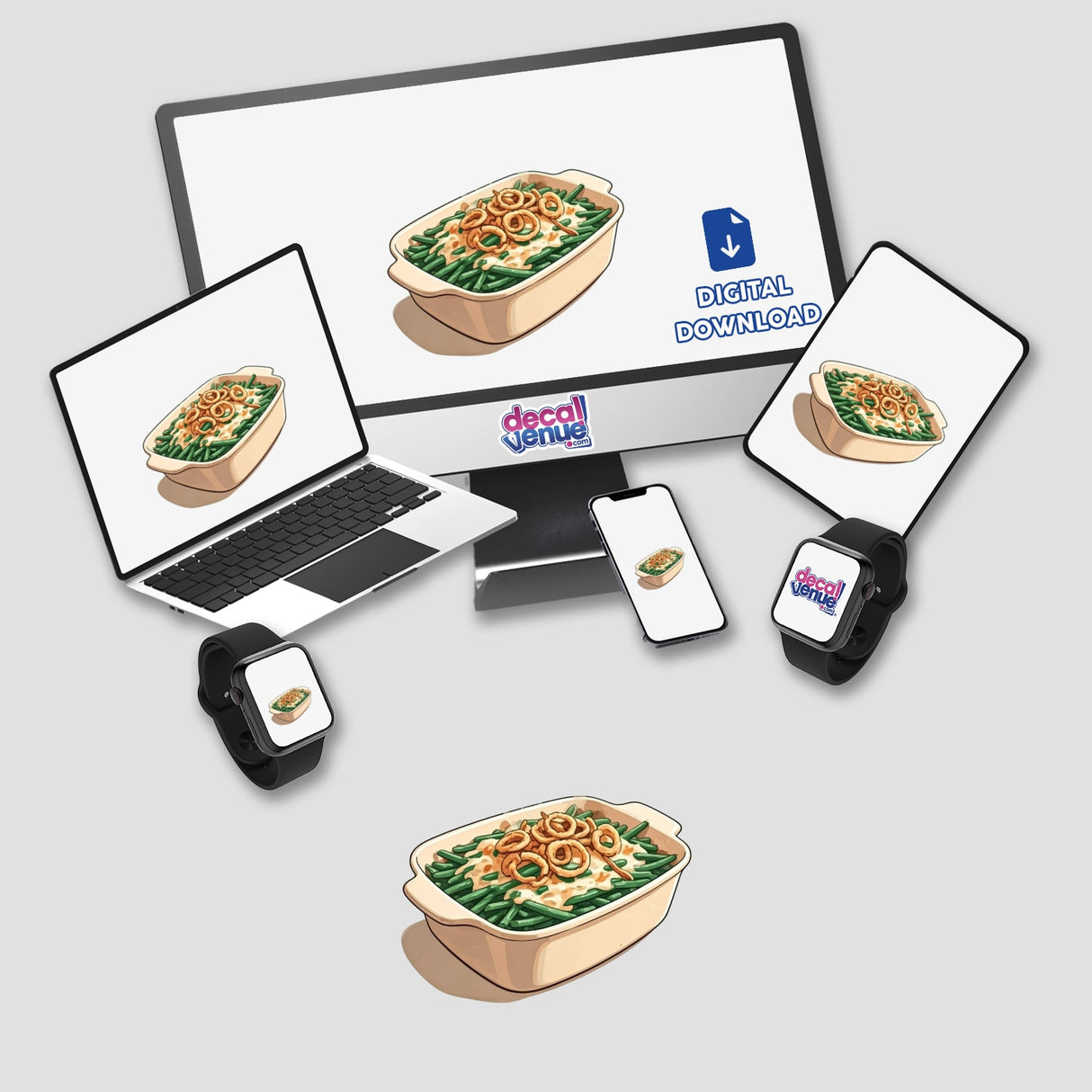 Thanksgiving Green Bean Casserole Clipart - Watercolor Style | Printable Sticker and Digital Download with Commercial Rights displayed on multiple devices, including a computer monitor and a laptop.