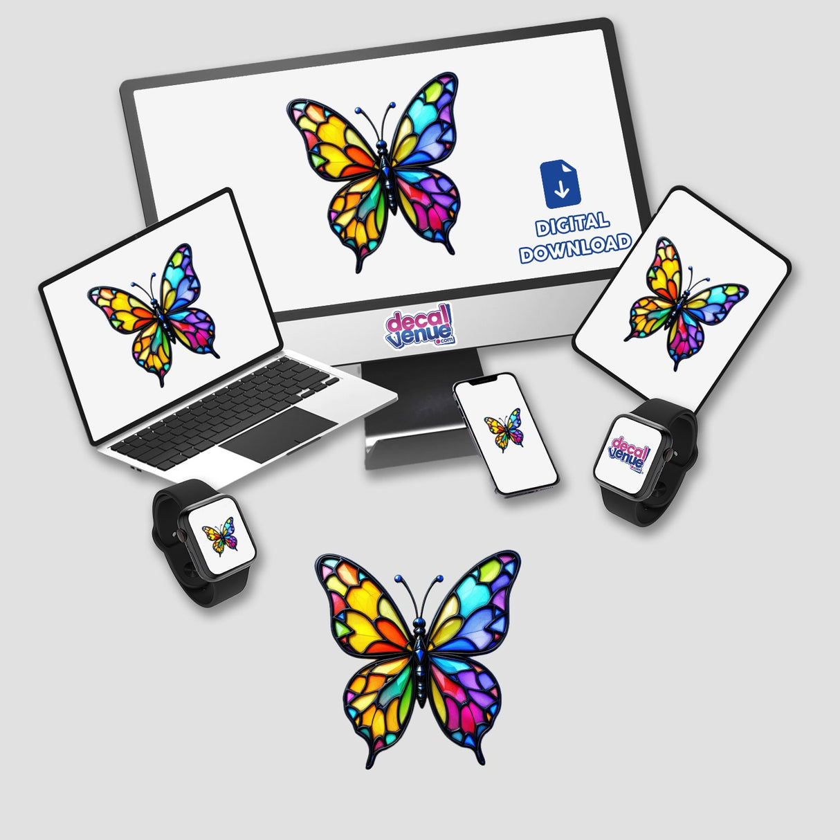Butterfly Stained Glass Style digital artwork displayed on a computer monitor and laptop, showcasing vibrant butterfly designs. Available as stickers or digital art from Decal Venue.