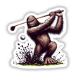 Sasquatch Golfing cartoon features a furry creature energetically swinging a golf club, available as unique stickers or digital artwork from Decal Venue.