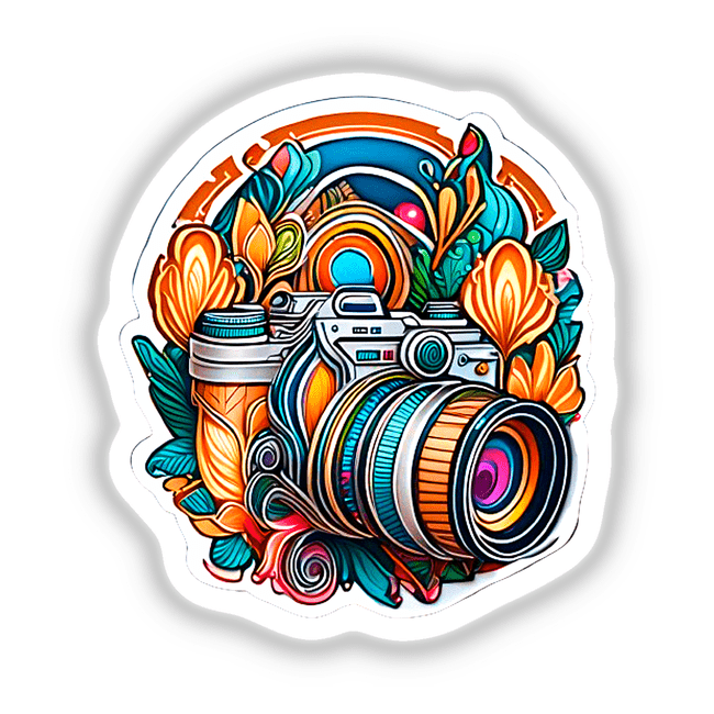 Floral camera: a colorful, artistic drawing of a camera available as stickers or digital artwork from Decal Venue.