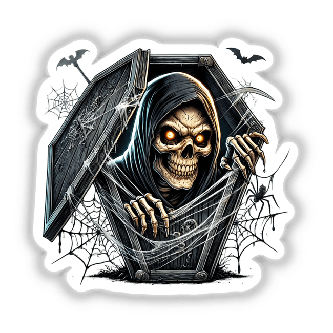 Spooky Halloween Grim Reaper emerging from a coffin with bats and spiderwebs in the background