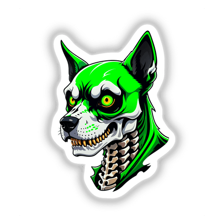 Cartoon illustration of A Cool Undead Dog Skull featuring a green and white dog with yellow eyes, available as stickers or digital artwork.
