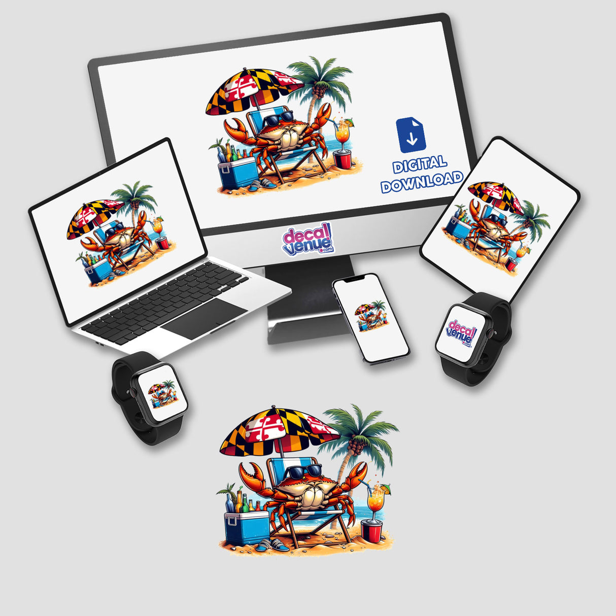 Maryland Flag Steamed Blue Crab Sunbathing in Beach Chair displayed on a computer monitor and laptop screen, available as stickers or digital artwork from Decal Venue.