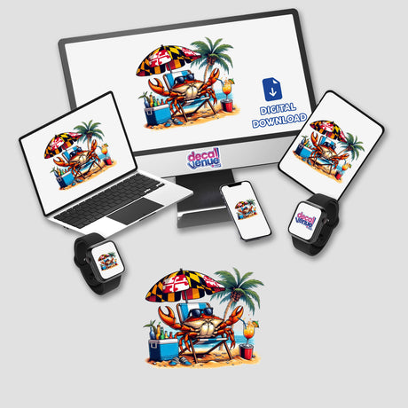 Maryland Flag Steamed Blue Crab Sunbathing in Beach Chair displayed on a computer monitor and laptop screen, available as stickers or digital artwork from Decal Venue.