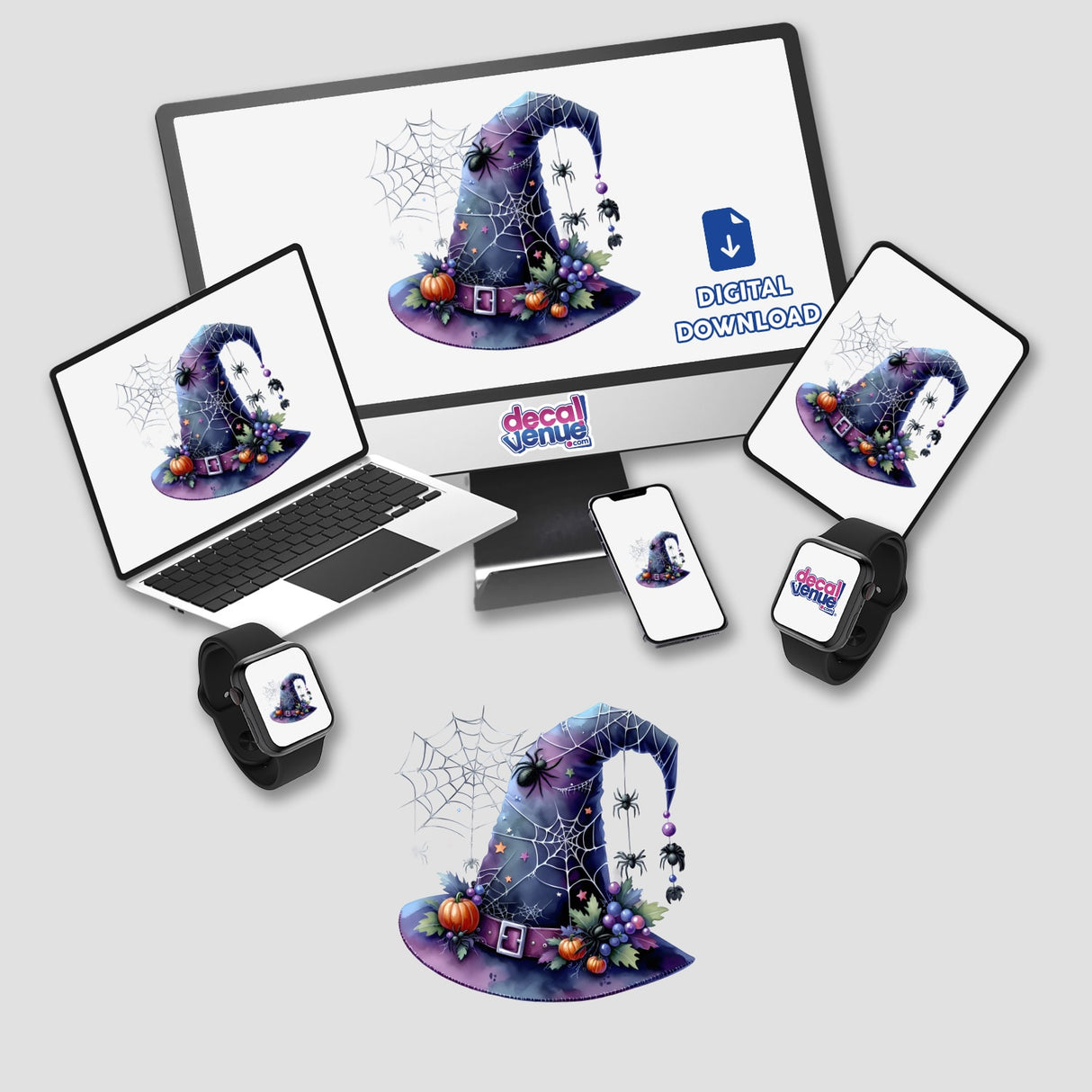 Halloween Hat with Spiders sticker or digital artwork featuring a hat adorned with spider webs and pumpkins, displayed on various devices like a computer monitor, laptop, and smartphone.