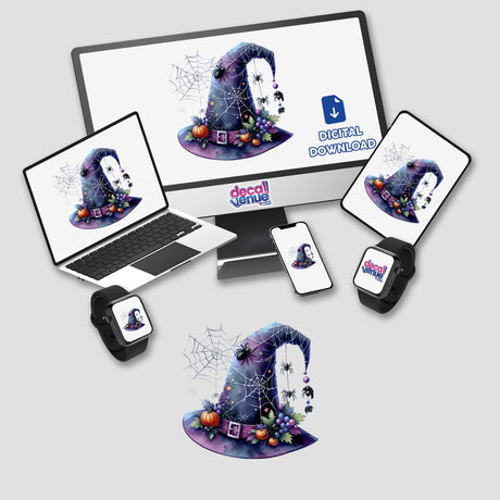 Halloween Hat with Spiders sticker or digital artwork featuring a hat adorned with spider webs and pumpkins, displayed on various devices like a computer monitor, laptop, and smartphone.