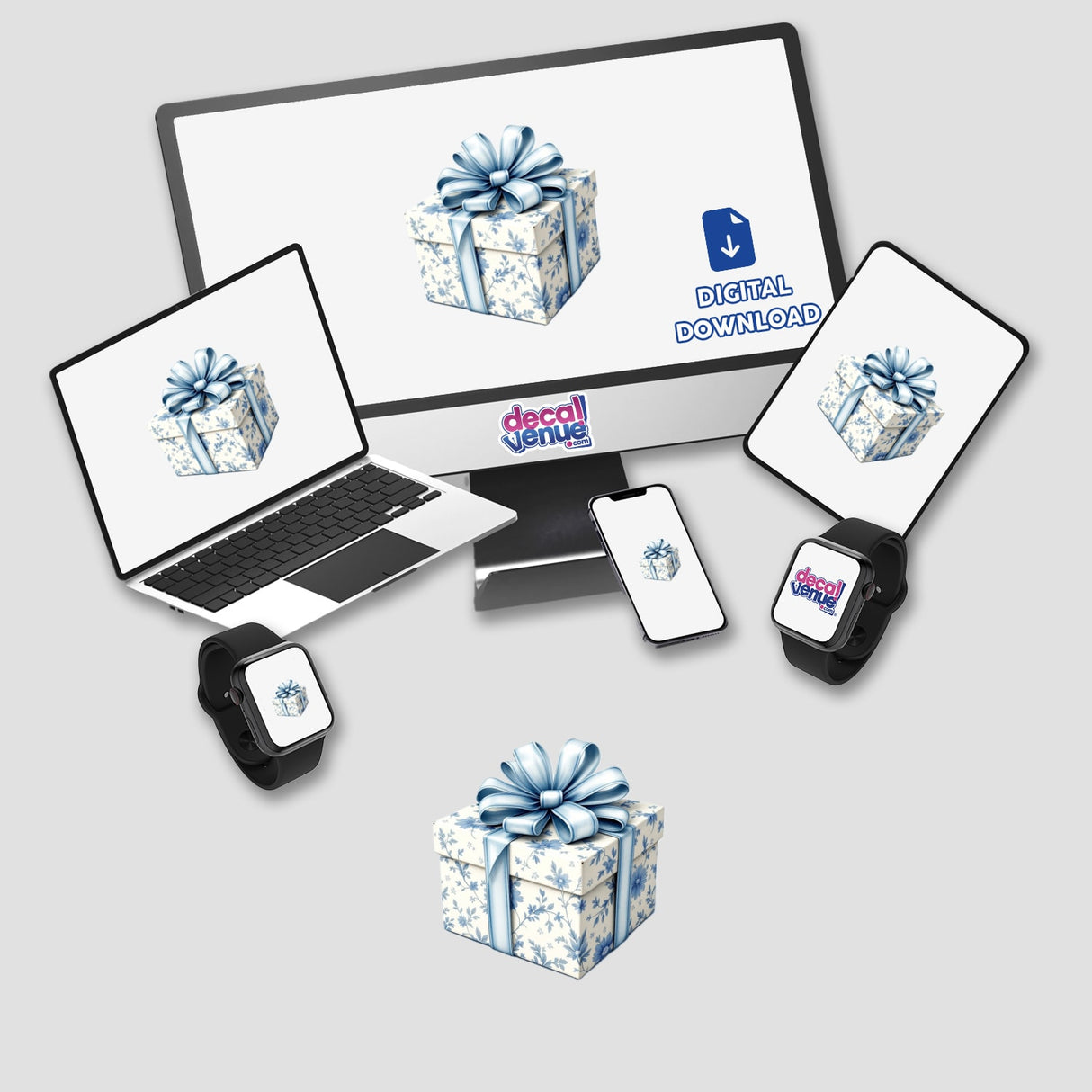Chinoiserie Gift Box depicted on a laptop and smartwatch screens, highlighting its elegant design, available as unique stickers or digital artwork from Decal Venue.