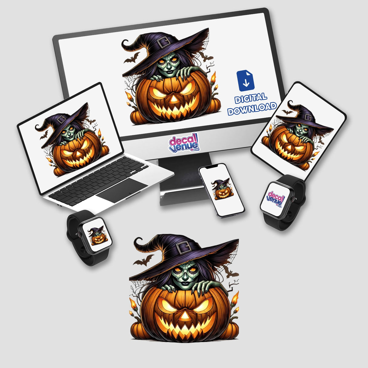 Spooky pumpkin with witch character - digital Halloween artwork from Decal Venue
