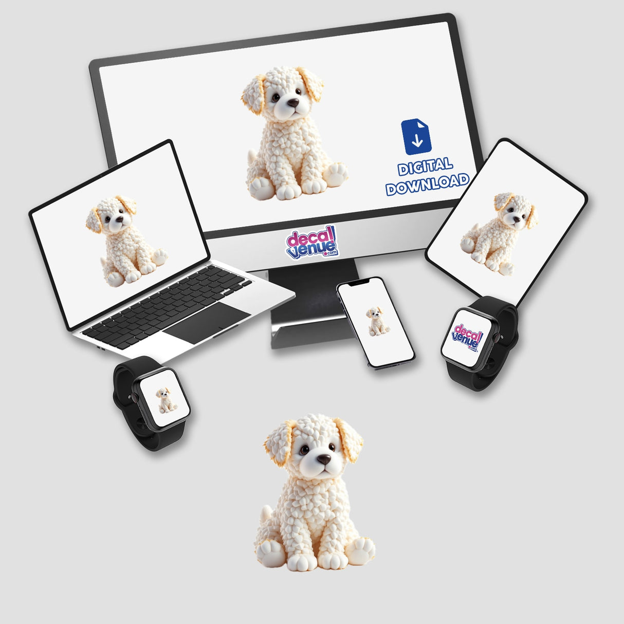 Marshmallow Dog sticker or digital art featuring a white dog statue with brown eyes, displayed on a laptop and computer screen. Ideal for fans of unique digital artwork and decals.