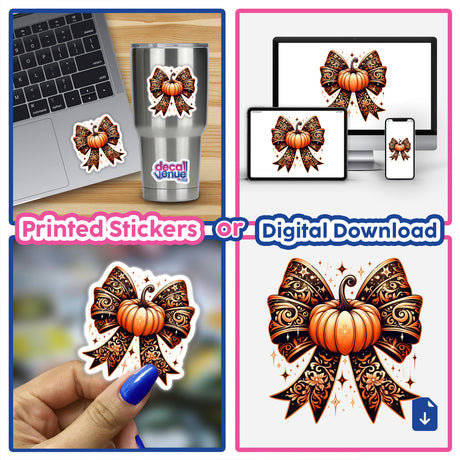 Fall Pumpkin Carved Coquette Bow featured on various items such as laptops, phones, and as standalone stickers, showcasing a pumpkin with a coquette bow in diverse settings.