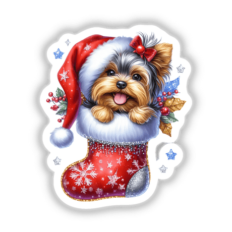 Santa Yorkie Dog in Sparkly Christmas Stocking featuring a playful cartoon dog wearing a Santa hat, perfect as stickers or digital artwork from Decal Venue's unique collection.