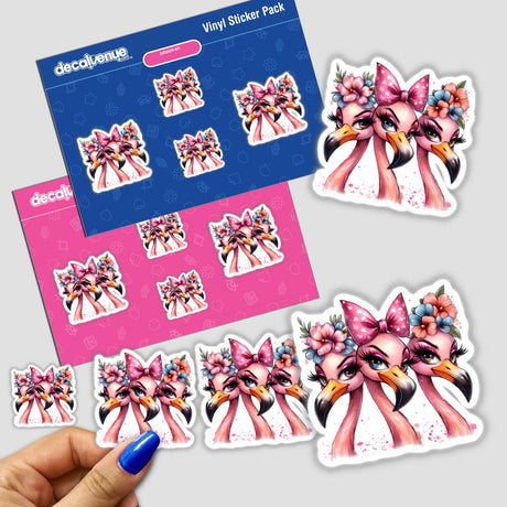 Sassy Flamingo Trio Birds sticker pack features whimsical cartoon flamingos adorned with flowers, captured in a hand's grasp. Available as stickers or digital artwork.