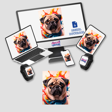 Cute Pug - Animal Portrait displayed on various electronic screens, showcasing its availability as stickers or digital artwork, highlighting the versatility and charm of this unique design from Decal Venue.