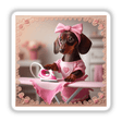 a dachshund puppy in a pink dress ironing on a pink iron