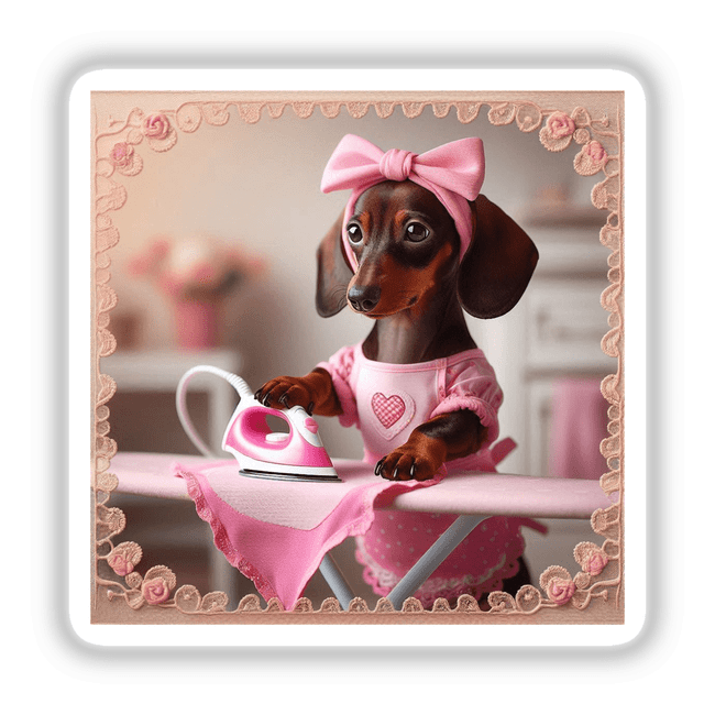 a dachshund puppy in a pink dress ironing on a pink iron
