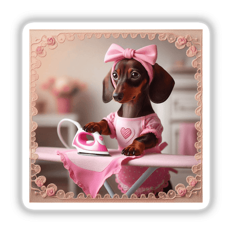 a dachshund puppy in a pink dress ironing on a pink iron