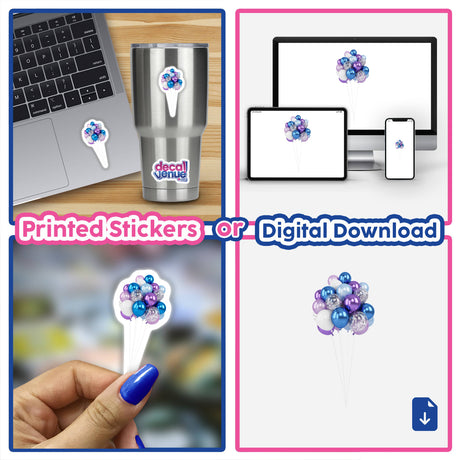 Vibrant digital artwork depicting a colorful bunch of balloons tied with white string, available as stickers or digital download from Decal Venue, an online store offering unique digital art and stickers created by talented designers.