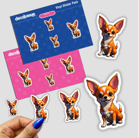 Cute Chihuahua sticker pack featuring cartoon dogs with big ears, available as vinyl stickers or digital artwork.