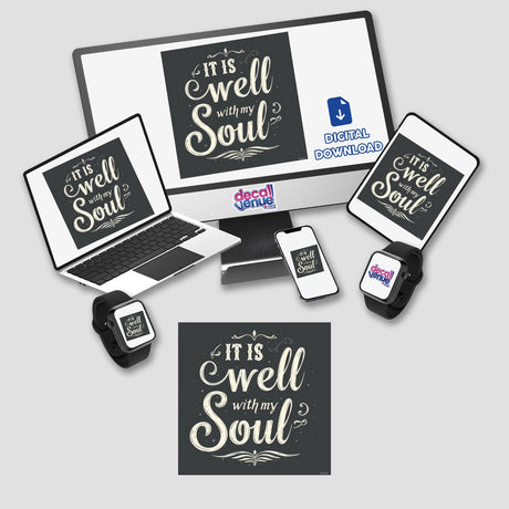 It Is Well with My Soul Typography Art Sticker or Clipart featuring a black and white text design displayed on digital screens, suitable for commercial use.