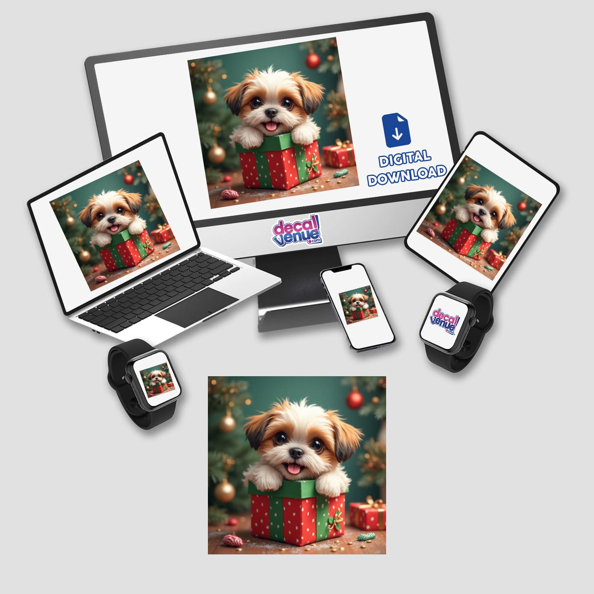 Christmas Shih Tzu Sticker & Clipart with Commercial Rights featuring a cartoon Shih Tzu in a festive gift box, suitable for use as digital artwork or stickers.