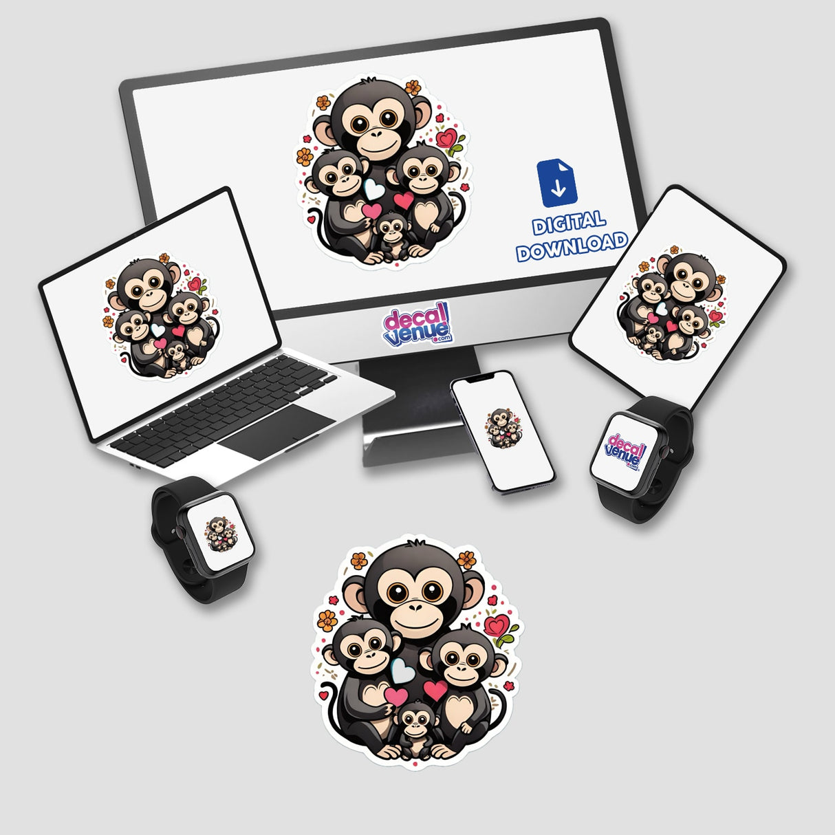 Adorable monkey family digital artwork featuring a group of cute, cartoon-style monkeys with big eyes and sweet expressions. This charming design would make a delightful sticker or digital download from the Decal Venue online store, showcasing the talented work of the jographics brand.