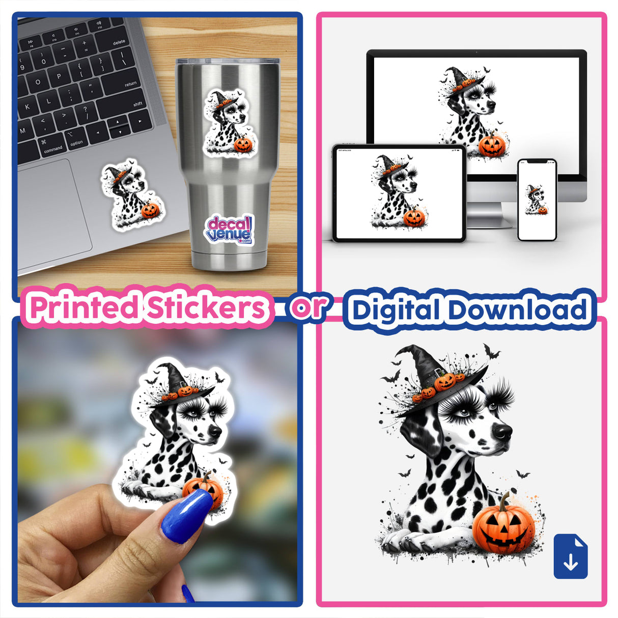 Halloween Dalmatian Dog Pumpkin Splatter sticker featuring a Dalmatian wearing a hat amidst pumpkin-themed artwork, perfect for laptops or cups. Available as stickers or digital artwork.