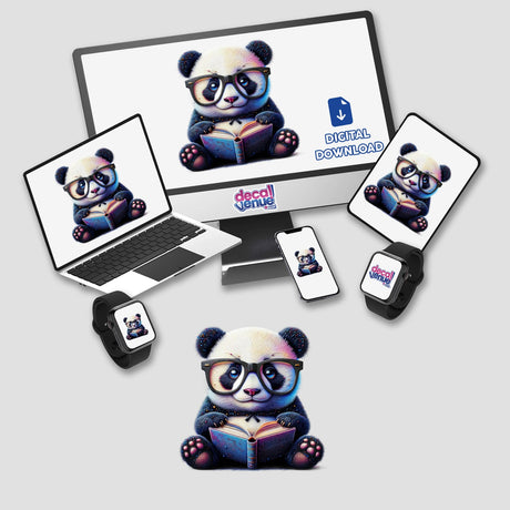 Panda Bear With Reading Glasses Open Book displayed on a computer monitor and laptop, available as stickers or digital artwork.