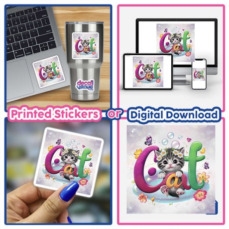 Whimsical digital artwork featuring a playful cat character surrounded by colorful floral elements, available as printed stickers or digital downloads from the Decal Venue online store, showcasing the product's versatility across various devices and surfaces.