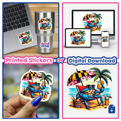 Maryland Shore Blue Crab Sitting in Beach Chair II sticker features a cartoon crab lounging on a beach chair, ideal for laptops or cups as unique vinyl decor from Decal Venue.