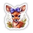 Cartoon illustration of a fawn with a bow, available as stickers or digital artwork.