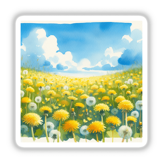 Fall day: A digital artwork featuring a field of dandelions under a blue sky, available as stickers or digital prints from Decal Venue.