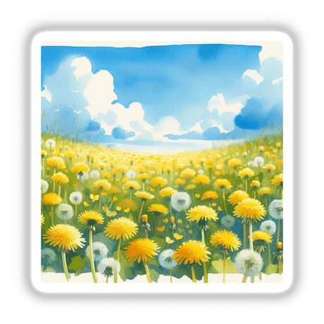 Fall day: A digital artwork featuring a field of dandelions under a blue sky, available as stickers or digital prints from Decal Venue.