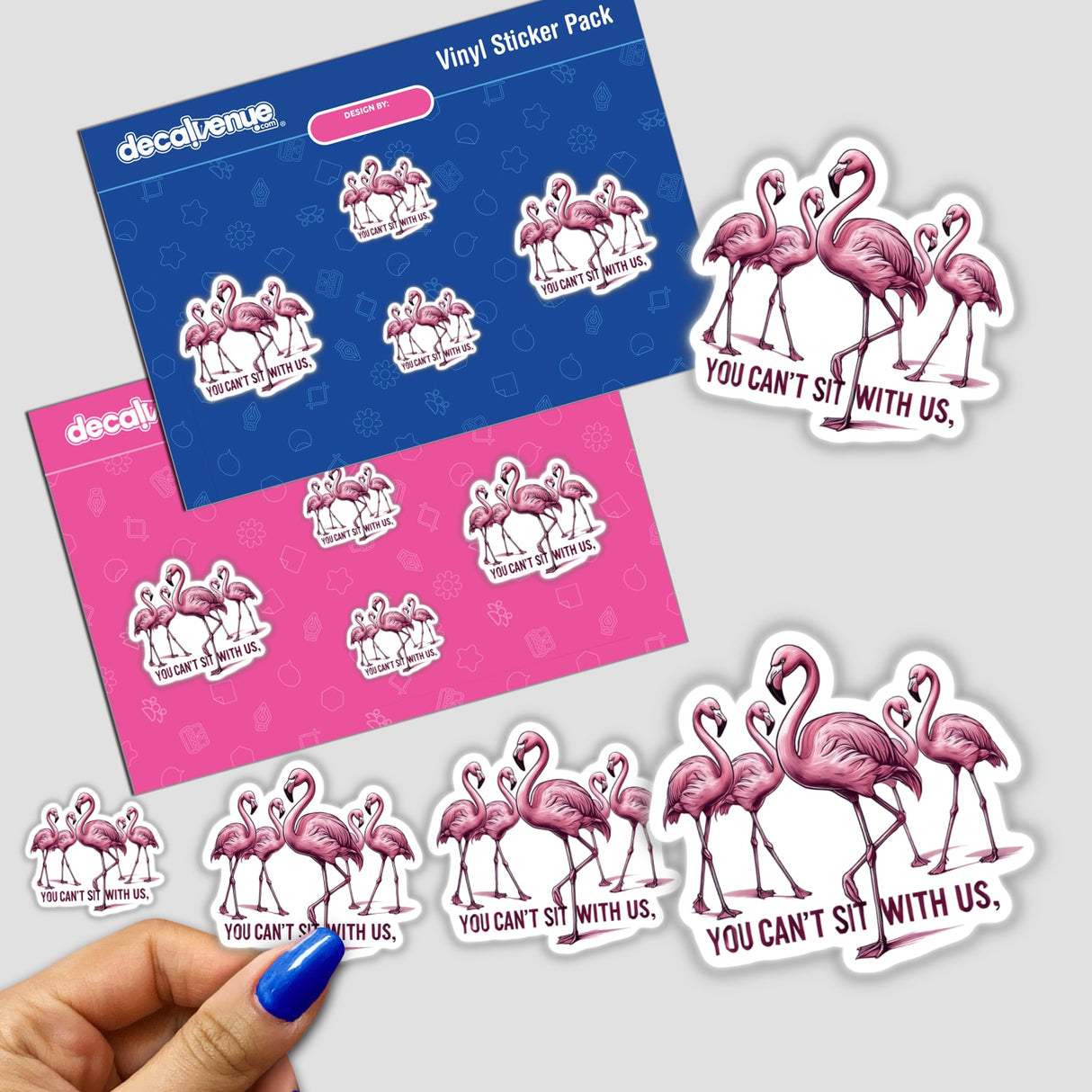 Elegant Flamingos You Can’t Sit With Us stickers and envelopes featuring a group of pink flamingos, perfect for unique stationery or digital artwork.