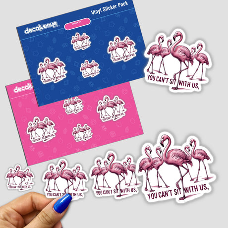 Elegant Flamingos You Can’t Sit With Us stickers and envelopes featuring a group of pink flamingos, perfect for unique stationery or digital artwork.