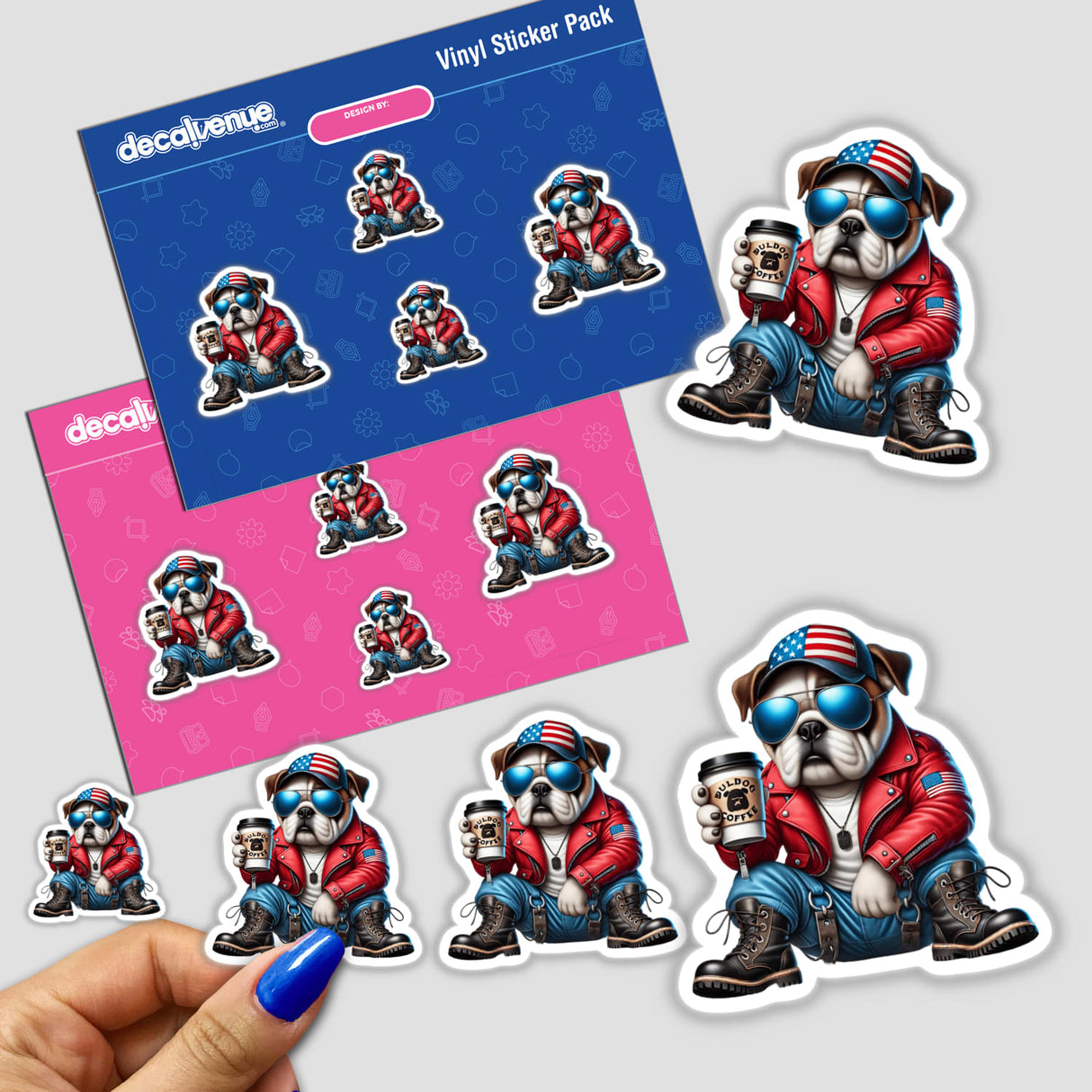 Sticker pack featuring a patriotic bulldog holding a coffee cup, available as stickers or digital artwork.