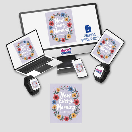 New Every Morning Lamentations 3:23 Sticker or Clipart with Commercial Rights: Features a laptop screen displaying a flower wreath design, ideal for unique digital art or sticker use.