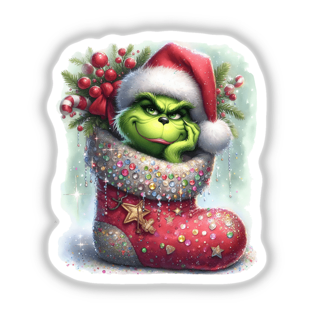Watercolor Green Grouch in Embellished Christmas Stocking depicted as a whimsical cartoon character in a festive boot, available as unique stickers or digital artwork.