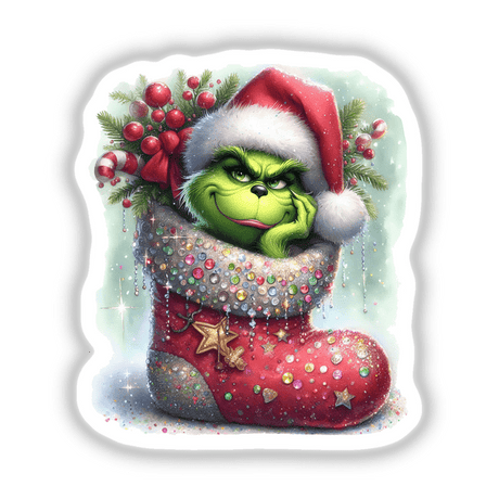 Watercolor Green Grouch in Embellished Christmas Stocking depicted as a whimsical cartoon character in a festive boot, available as unique stickers or digital artwork.