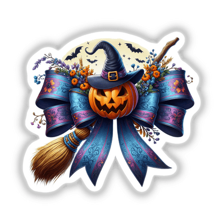 Coquette Bow w/Witch Pumpkin and Broom sticker or digital art featuring a pumpkin with a witch hat and broom, adorned with a bow.