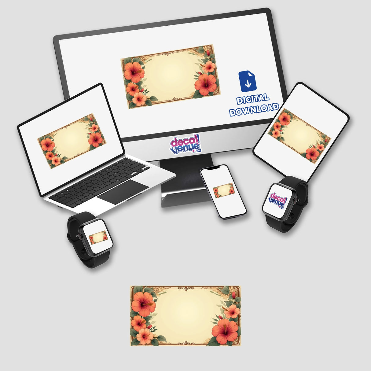 Aesthetic Hibiscus Floral Clipart Label displayed on a computer monitor and laptop, blank space for customization, available as digital artwork for commercial use from Decal Venue.