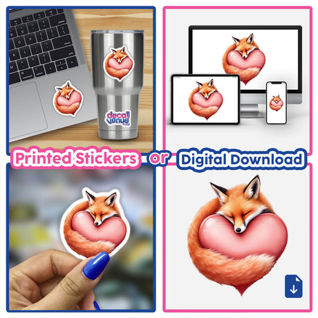 Sleeping Fox on a Heart sticker collage featuring a fox hugging a heart, perfect for laptops and cups; a whimsical touch from Decal Venue’s unique vinyl sticker collection.