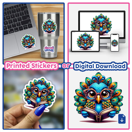 Cartoon peacock with reading glasses and open book available as stickers or digital artwork. Featured on laptop and phone, showcasing Decal Venue's unique style.