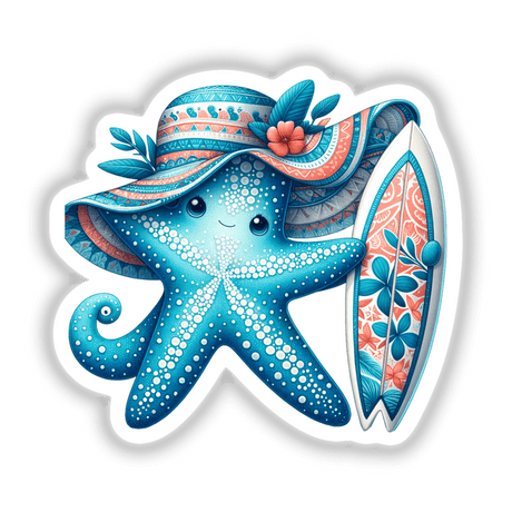 Starfish Holding Surfboard in Summer Beach Hat