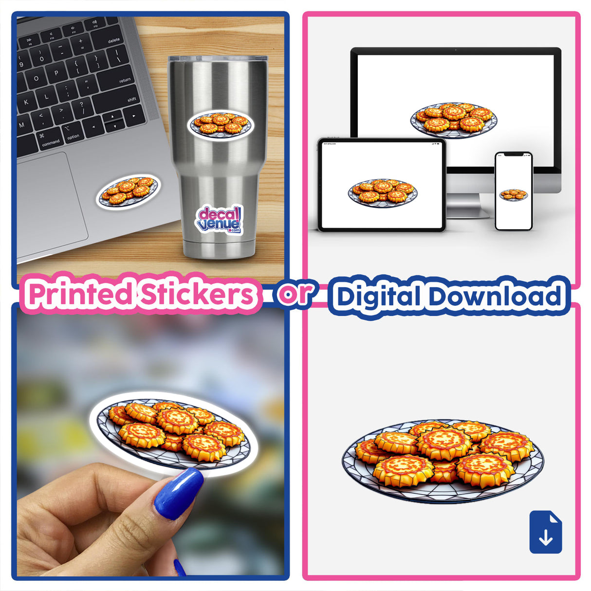 Latke Platter Stained Glass Style: A collage features a plate of cookies resembling stained glass. Available as unique stickers or digital artwork from Decal Venue.