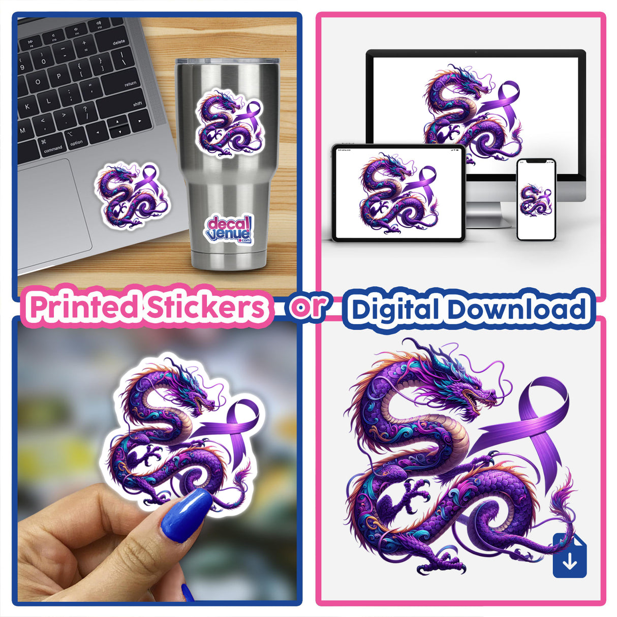 Dragon Lavender Ribbon All Cancers Awareness sticker or digital artwork featuring a purple dragon with a lavender ribbon, symbolizing cancer awareness. Ideal for laptops, cups, and screens.