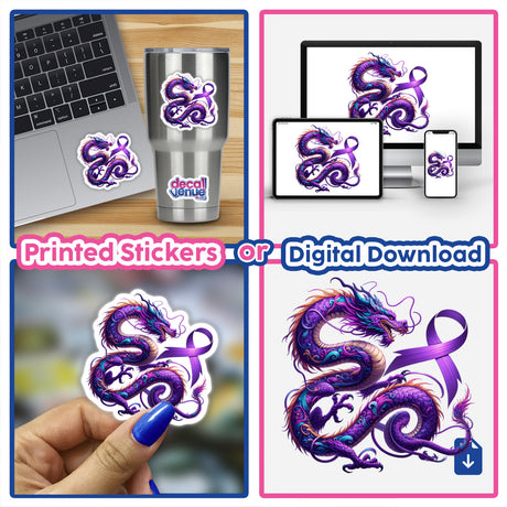 Dragon Lavender Ribbon All Cancers Awareness sticker or digital artwork featuring a purple dragon with a lavender ribbon, symbolizing cancer awareness. Ideal for laptops, cups, and screens.
