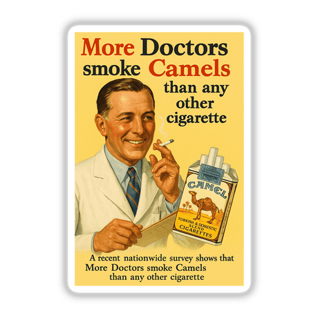 Close-up of 1925 Camel Cigarettes “More Doctors Smoke Camels” vintage ad, featuring a smiling doctor and iconic slogan, available as a printable or sticker, ideal for retro enthusiasts.